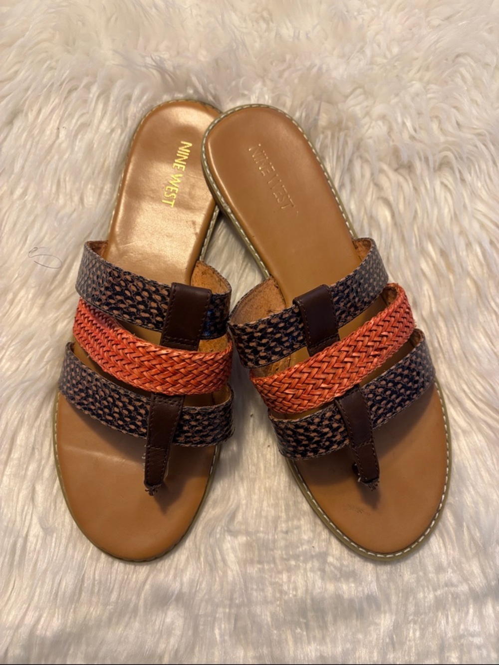 Nine West Brown & Orange Braided Slide Sandals